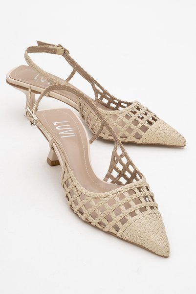 Heaven Beige Knitted Open Back Women's Low Heeled Shoes