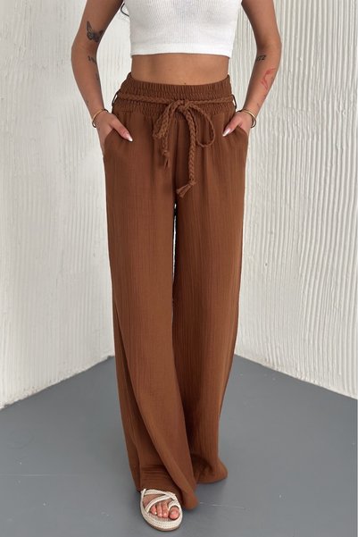 Women's Brown Waist Straw Belted Pocket Wide Leg Casual 100% Cotton Trousers