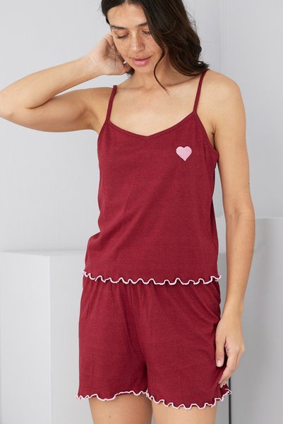 Burgundy Heart Embroidered Rope Strap Knitted Shorts Set7881