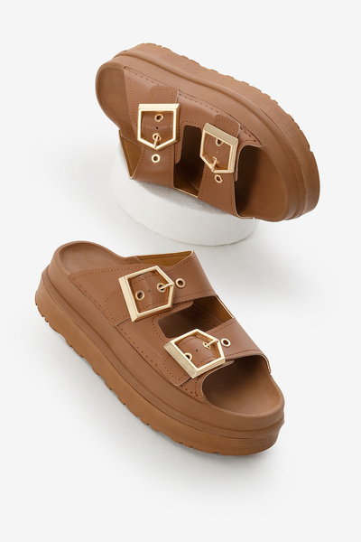 Women's Tan High Poly Sole Double Banded Buckle Slippers