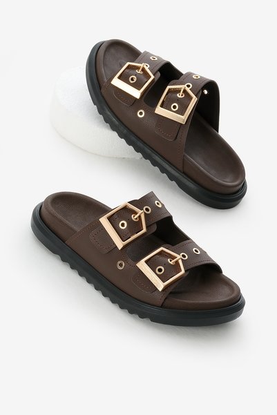 Women's Brown Poly Sole Double Banded Buckle Slippers