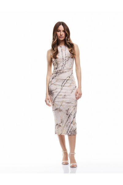 Sleeveless Crew Neck Drape Detailed Patterned Bodycon Long Pencil Dress
