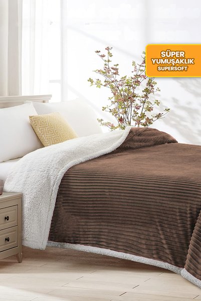 Sherpa Blanket Double Striped Soft Plush Wellsoft Bedspread Dark Brown