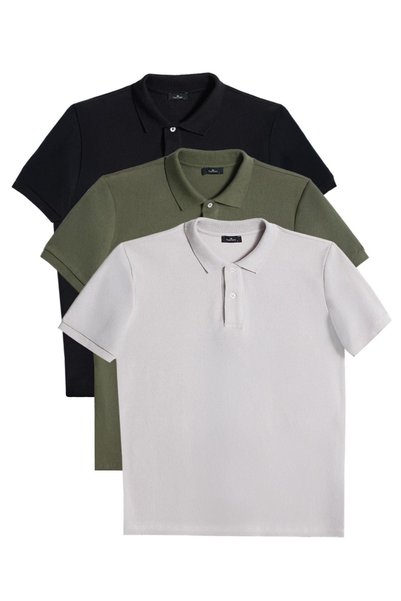 Men's 3-Pack Black-Green-Grey Slim Fit Slim Fit Cotton Plain Pique Polo Neck T-Shirt