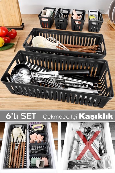6 Piece Modular Cutlery Set - Multi-Purpose Drawer Organizer Kitchen Organizer Ladle Black