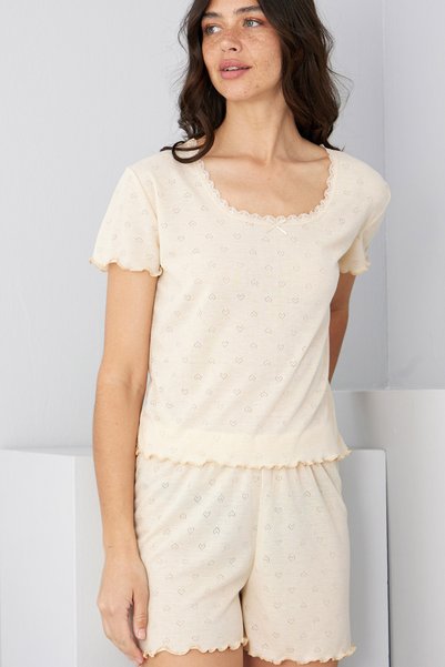 Cream Colored Pointel Openwork/Hole Knitted Shorts Suit7892