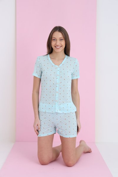 Jacquard Viscose V-Neck Buttoned Shorts Set