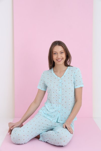 Jacquard Viscose V-Neck Buttoned Pajama Set