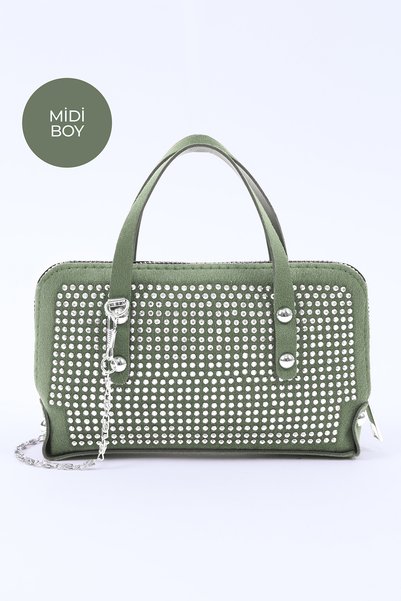 Mint Green Shk223 Suede Fabric Stone Mini Size Zippered Single Compartment Chain Handbag. Arm and Shoulder Bag