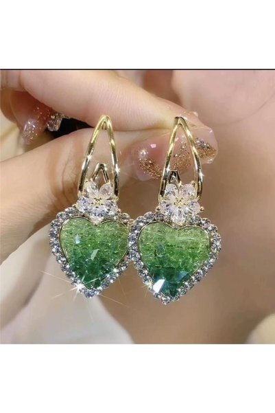 Green Crystal Stone Filled Heart Earrings
