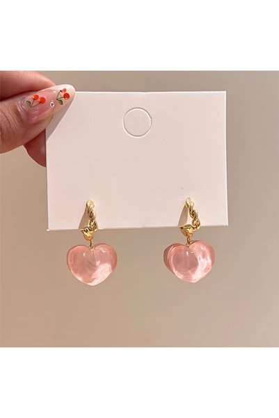 Pink Curved Stone Heart Twisted Hoop Earrings