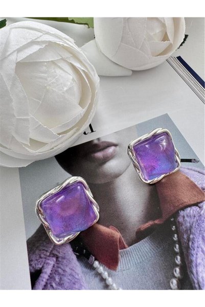Purple Glitter Square Stone Silver Earrings