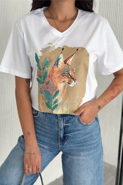 Women's White V-Neck Large Size Cat Sequin Sequin Embroidered 100% Cotton Large Size T-Shirt