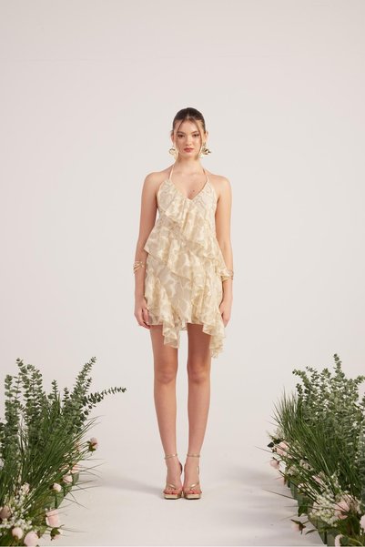 Frilly Shiny Fabric Mini Daniela Dress Beige