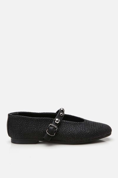 Women's Black Straw Detailed Ballerinas