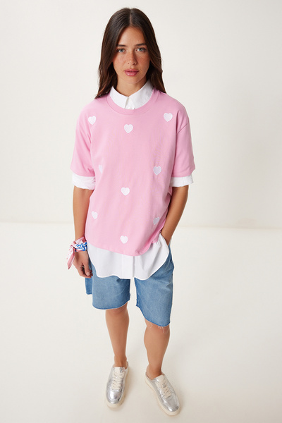 Women's Pink Heart Embroidered Cotton Knitted T-Shirt An00244