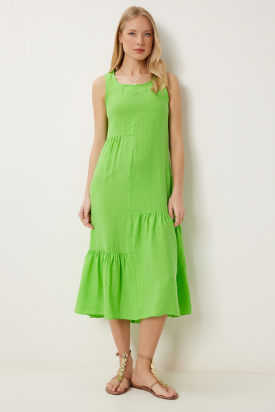 Women's Pistachio Green Flounce Long Ayrobin Dress Gk00021