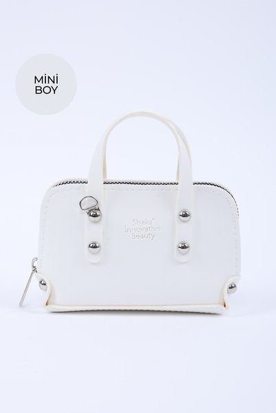 White Shk224 Faux Leather Mini Size Zippered Single Compartment Chain Handbag. Arm and Shoulder Bag