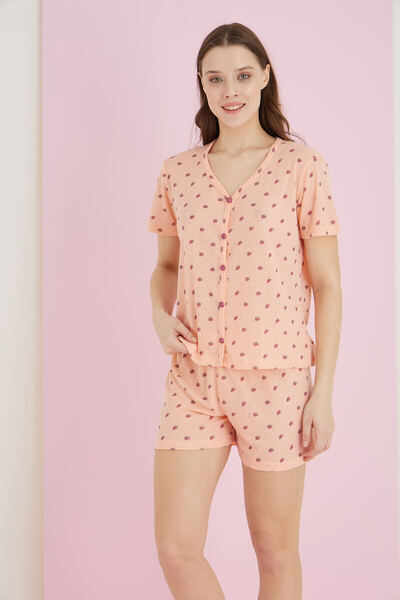 Jacquard Viscose V-Neck Buttoned Shorts Set