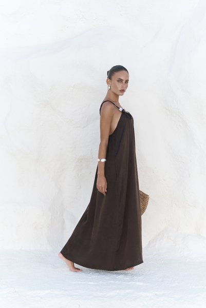 Kasteli Bead Detail Brown Dress