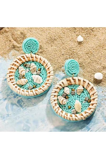 Blue Mussel and Bead Straw Design Earrings
