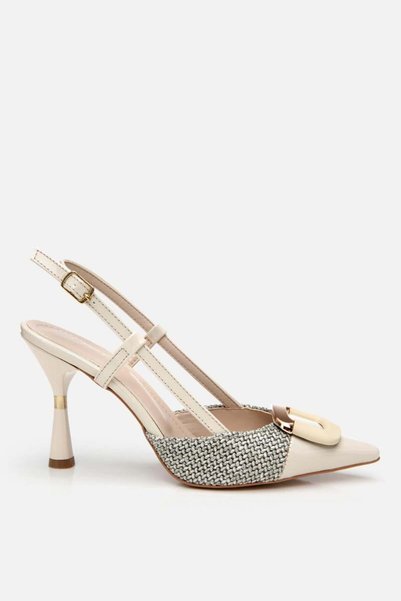 Women's Cream Straw Detailed Open Back Heeled Shoes