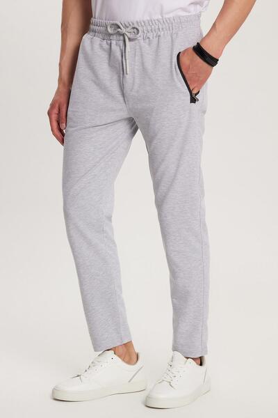 Unisex Standard Fit Cotton 2 Thread Zipper Pocket Elastic Waist Tie-Up Straight Leg Gray Sweatpants