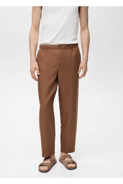 Linen Blend Elastic Waist Pants