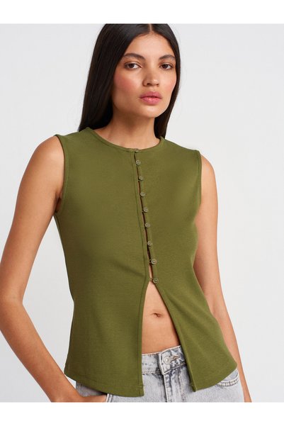 31701 Button Detailed Sleeveless Top-Khaki