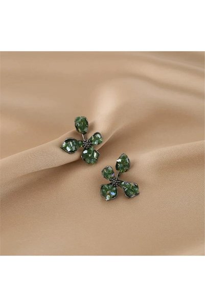 Ghost Flower Earrings with Green Crystals