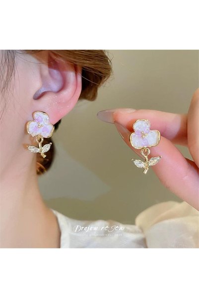 Pink White Crystal Stone Flower Earrings