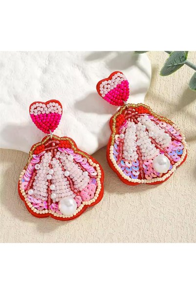 Pink Bead Embroidered Mussel Earrings