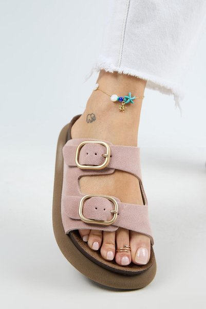 Lavanda Women's Genuine Leather Double Buckle Powder Slippers