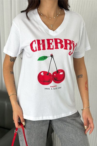 Women's V-Neck Cherry Printed 100% Cotton T-Shirt