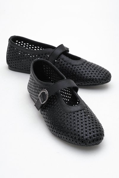 Mirella Black Braided Genuine Leather Women's Ballerina Shoes