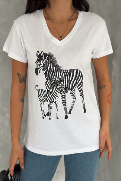 Women's White V-Neck Zebra Pattern Sequin Embroidered 100% Cotton T-Shirt