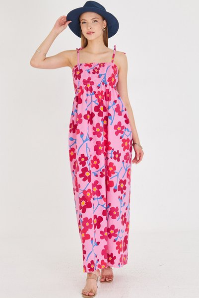 Women's Pink Straps Lace up Chest Gipe Elastic Long Dress Arm-25Y001048