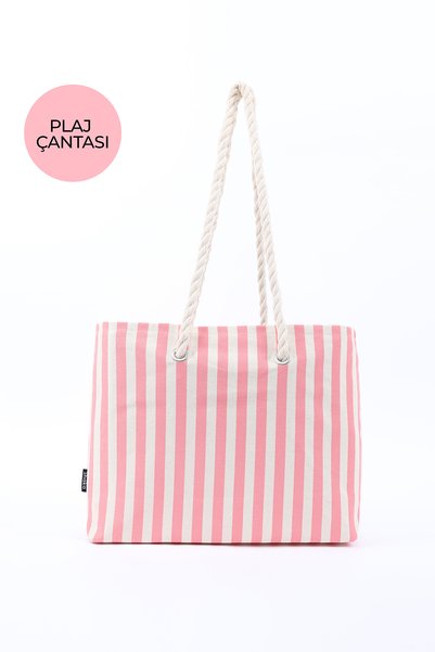 Pink Shk234 Canvas Fabric Single Compartment Line Patterned Travel, Picnic and Beach Bag