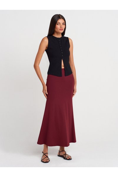 80362 High Waist Long Skirt-Burgundy