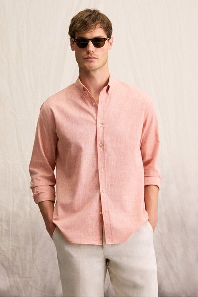 Lasse Men's Shirt Collar Cuffed Long Sleeve Regular Fit Linen Blended Orange Shirt