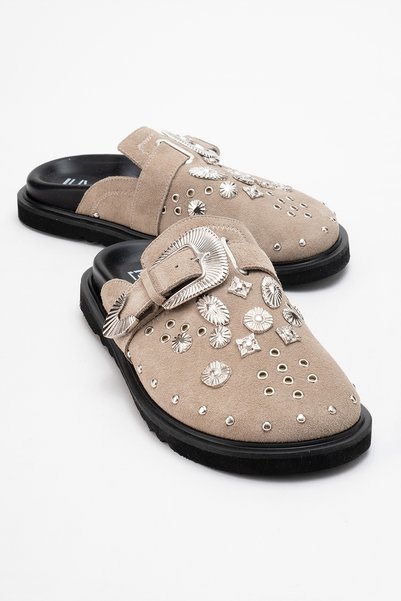 Maril Beige Suede Genuine Leather Belt Buckle Closed Toe Women's Slippers