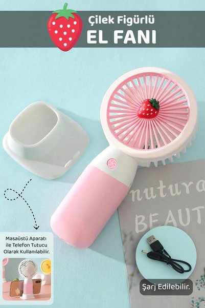 Strawberry Figured Rechargeable Hand Fan - Portable Rechargeable Cooler Mini Desk Fan with Stand Pink