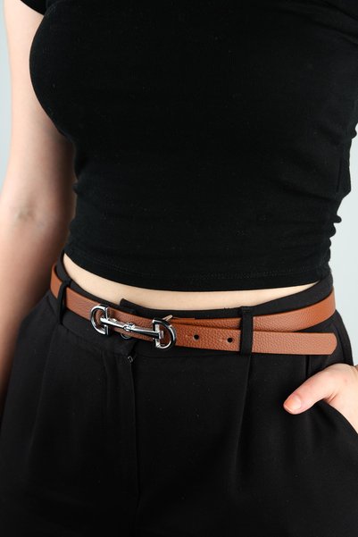 Women's Tan Thin Faux Leather Belt with White Buckle 100 cm