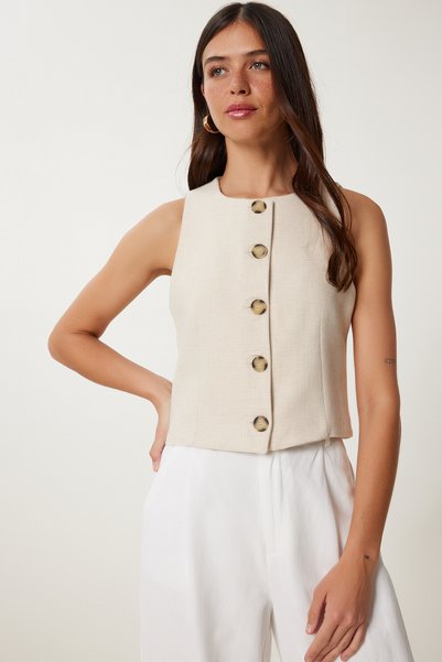 Buttoned Woven Vest Beige Lhc0017