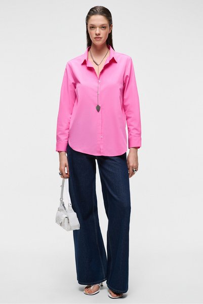 Delfino Women's Oversize 100% Organic Cotton Long Sleeve Thin Long Pink Shirt