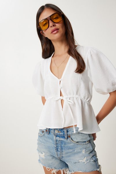 Lace Trimmed Summer Woven Blouse Ecru Lhf0028