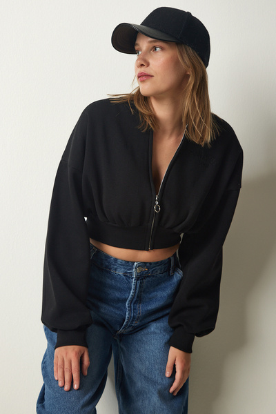 Zippered Ribbed Crop Knitted Sweatshirt Black