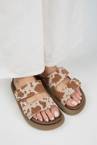 Nagual Lillo Women's Genuine Leather Double Velcro Tan Spotted Slippers