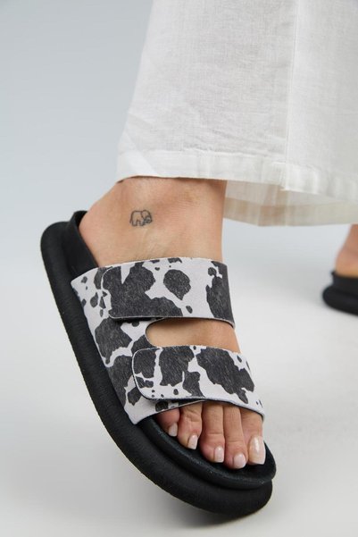 Nagual Lillo Women's Genuine Leather Double Velcro Black Spotted Slippers