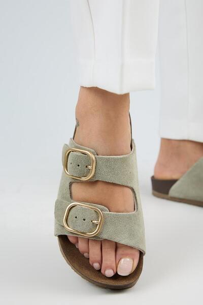 Jazmin Women's Genuine Leather Double Buckle Water Green Slippers